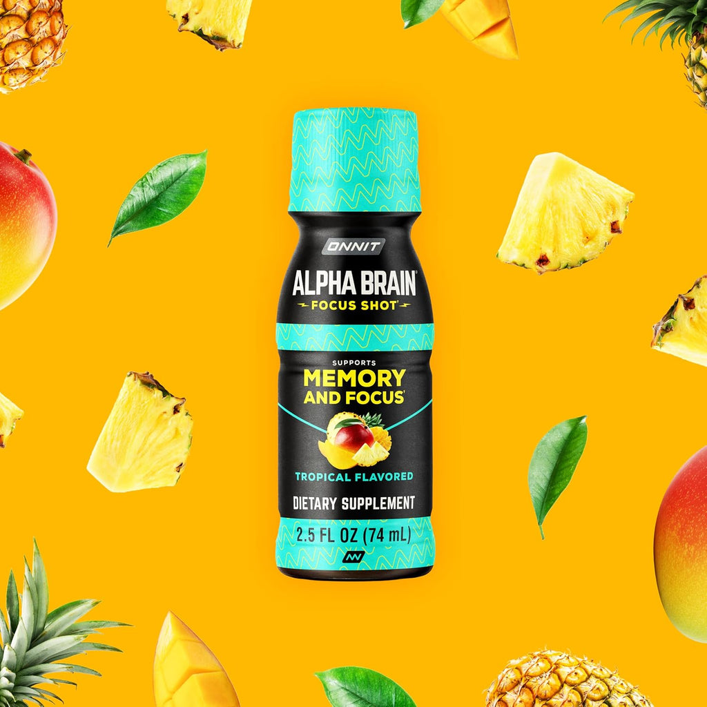 ONNIT Alpha Brain Focus Shot, Sabor Tropical, 6 unidades, Certificado IGEN™ No GMO