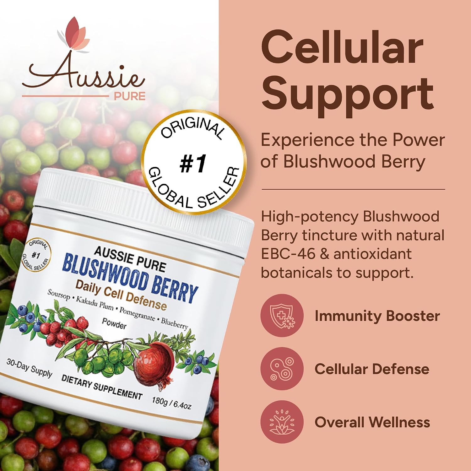 Blushwood Berry Daily Cell Defense - Polvo de apoyo inmunológico y celular con Soursop, Kakadu Plum, Granada y Arándano - 180g