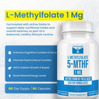 LifeStrength L-Metilfolato 1mg | 180 Cápsulas | Metilfolato Bioactivo 5-MTHF | Vegano, Sin Gluten