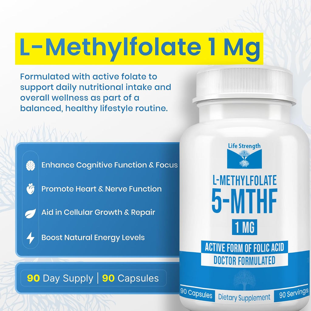 LifeStrength L-Metilfolato 1mg | 180 Cápsulas | Complemento de Folato Bioactivo | No-GMO, Sin Gluten, Vegano