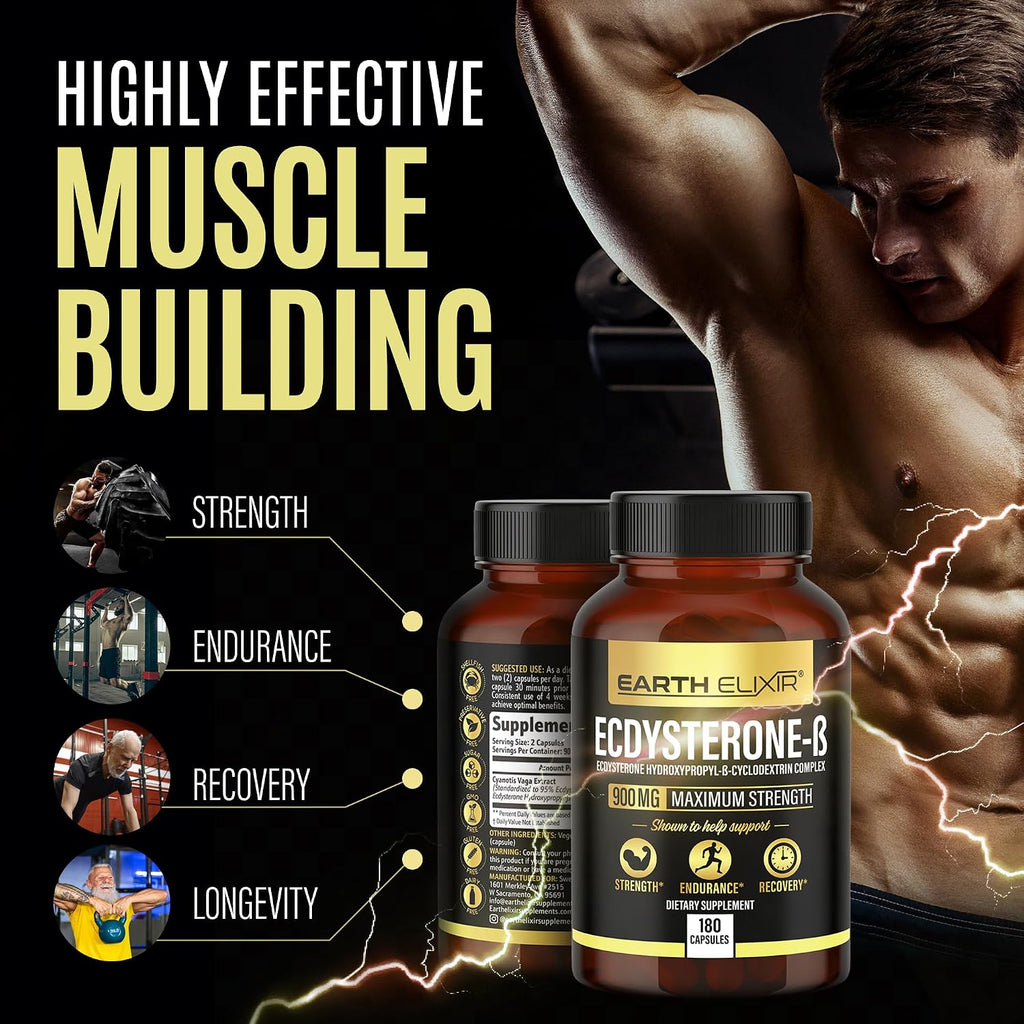 Earth Elixir Ecdysterone 900mg (180 Cápsulas) – Suplemento Deportivo con Beta-Ecdysterona y Ciclodextrina para Máxima Biodisponibilidad