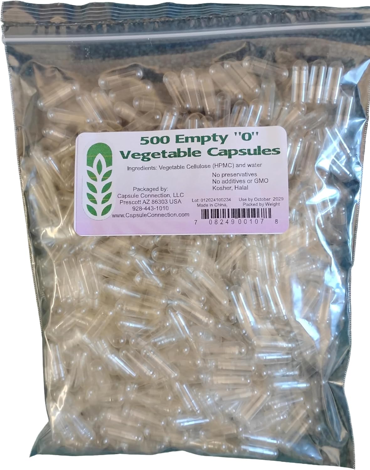 Capsule Connection 500 Cápsulas Vegetales Vacías Tamaño 0 - Veganas y Vegetarianas - Bolsa Reutilizable