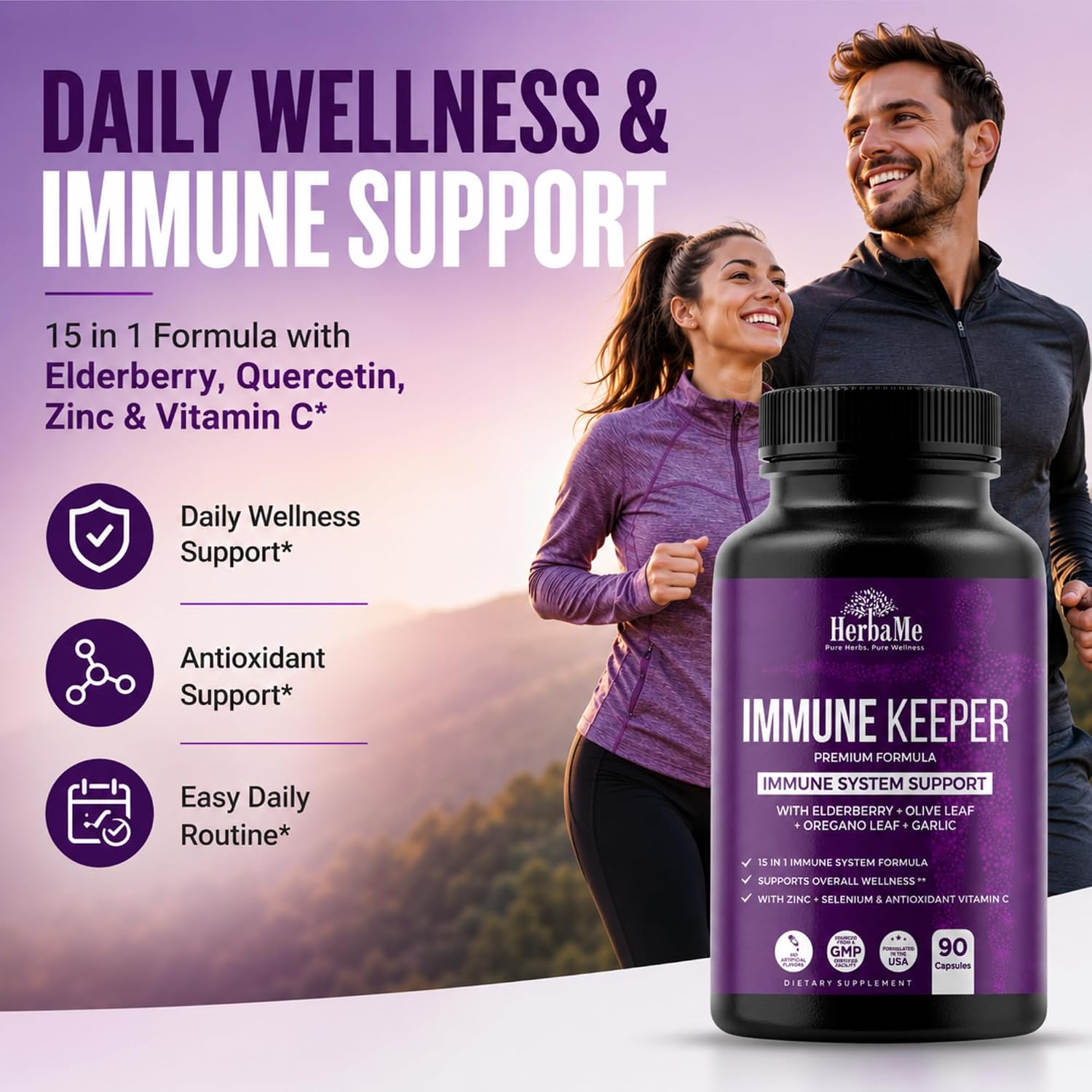 HerbaMe Immune Support – Fórmula de Bienestar Diario 15 en 1 con Saúco, Quercetina, Zinc, Vitamina C y Selenio