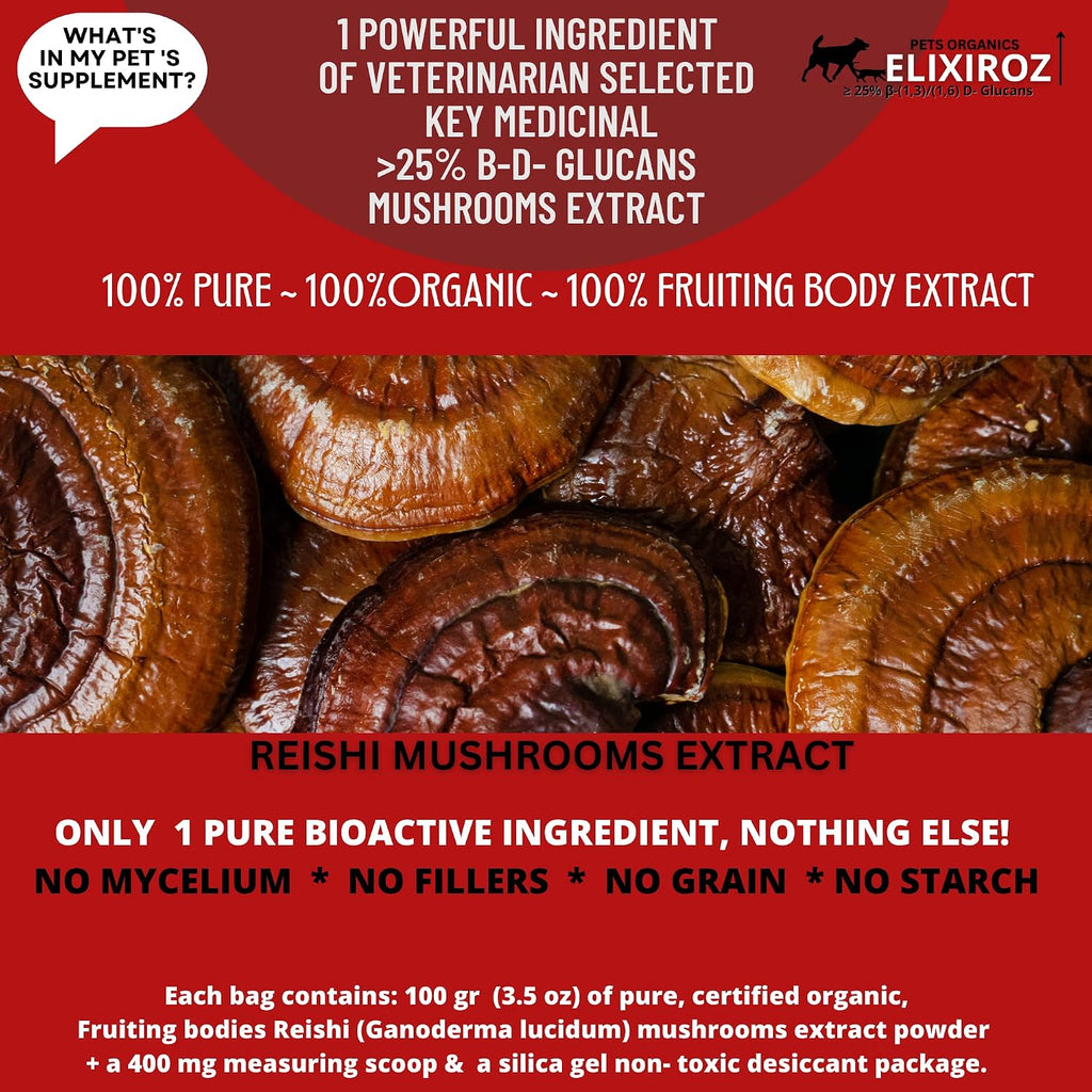 Extracto de Reishi para Perros y Gatos – 35%+ Beta Glucanos – Cuerpo Fructífero (Concentrado 8:1-12:1) – Apoyo Inmunitario, Calma y Relajación – Sin Rellenos – 250 dosis