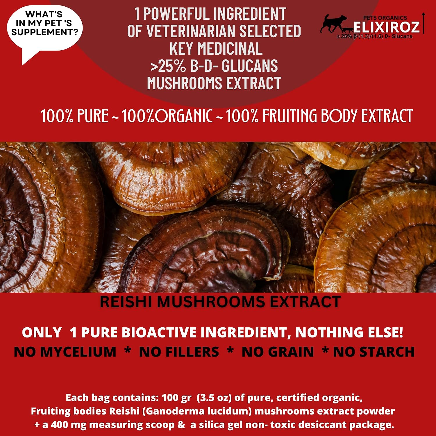 Extracto de Reishi para Perros y Gatos – 35%+ Beta Glucanos – Cuerpo Fructífero (Concentrado 8:1-12:1) – Apoyo Inmunitario, Calma y Relajación – Sin Rellenos – 250 dosis
