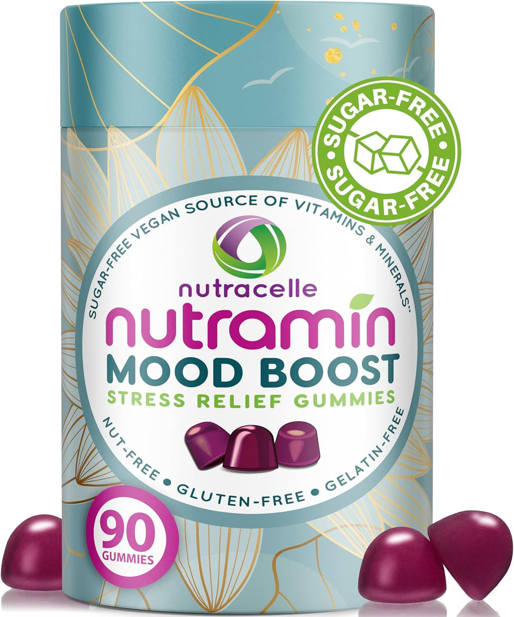 NUTRAMIN Mood Boost Gomitas Multivitamínicas - Deliciosas gomitas antiestrés con magnesio, ashwagandha y vitaminas del grupo B para la calma y el enfoque - Sin azúcar, veganas, sin gluten (90 unidades)