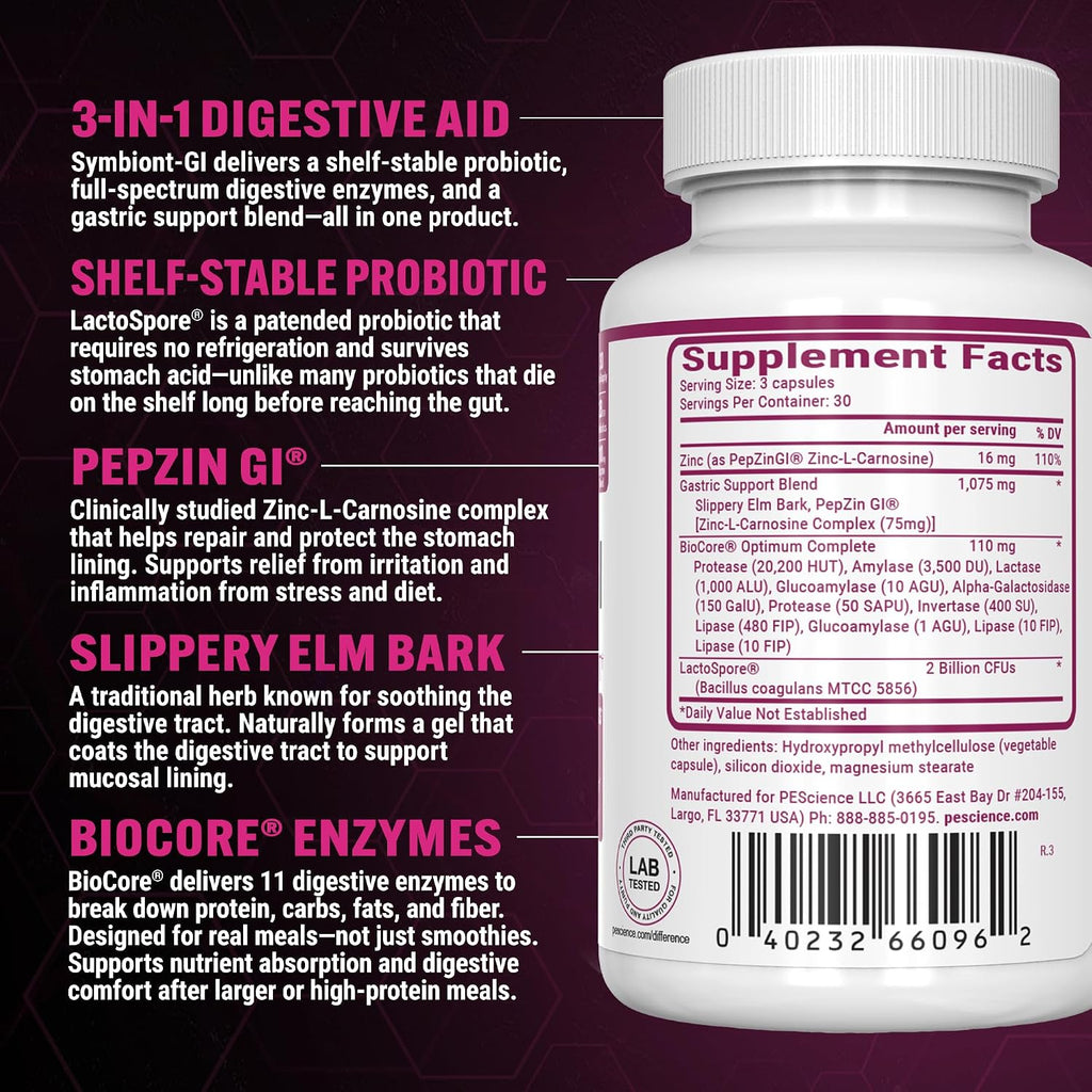 PEScience Symbiont-GI Cápsulas para la Salud Digestiva con Probiótico y Enzimas, 90 Cápsulas