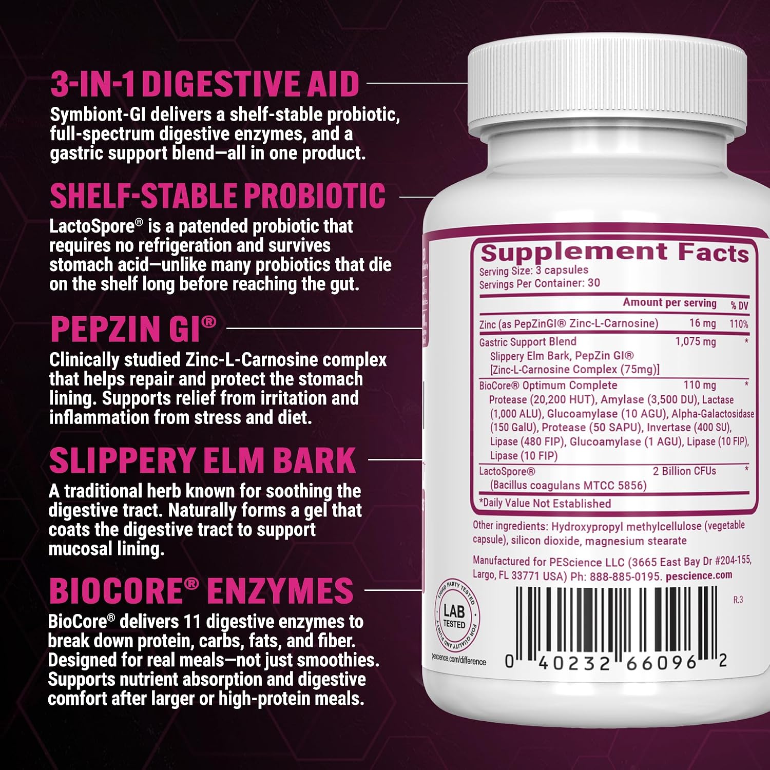 PEScience Symbiont-GI Cápsulas para la Salud Digestiva con Probiótico y Enzimas, 90 Cápsulas