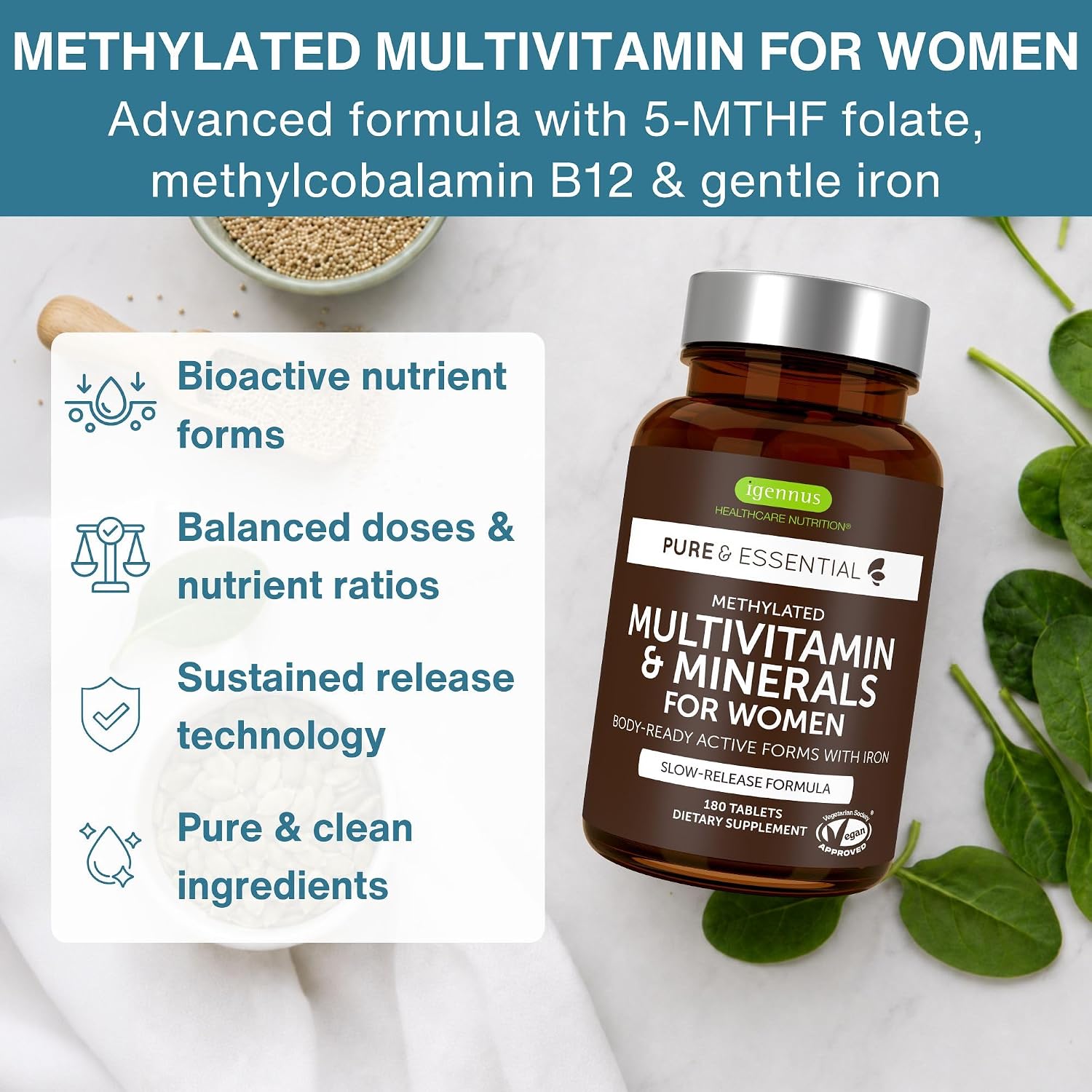 Igennus High Potency Methylated Multivitamin for Women with Gentle Iron