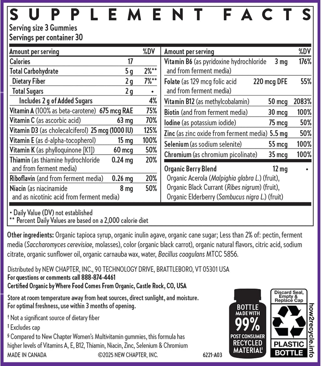 New Chapter Women's 50+ Gominolas Multivitamínicas – 52% Menos Azúcar, Vitaminas para un Envejecimiento Saludable con Vitamina C, Vitaminas B y Zinc, Sin Gluten, Sabor a Bayas y Cítricos, 90 unidades