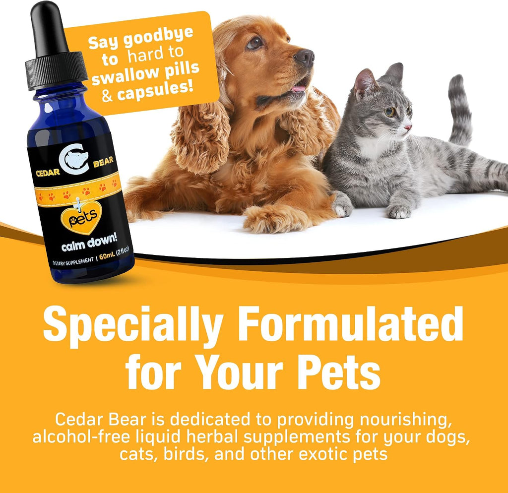 Cedar Bear Pet's Calm Down - Suplemento Herbal Natural para Alivio del Estrés en Gatos, Perros, Aves y Mascotas Exóticas, 60 ml