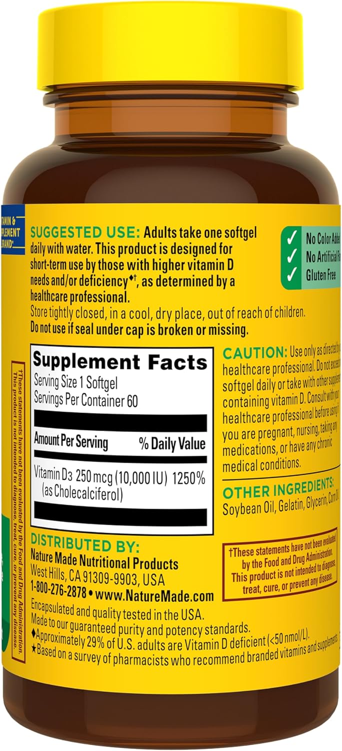 Nature Made Vitamina D3 10000 IU (250 mcg) Máxima Potencia, 60 Cápsulas Blandas