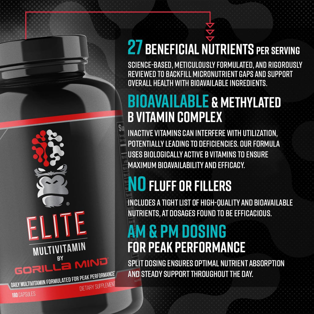 Gorilla Mind Elite Multi-Vitamin (180 Cápsulas) – Multivitamínico Diario con 27 Nutrientes para un Rendimiento Óptimo