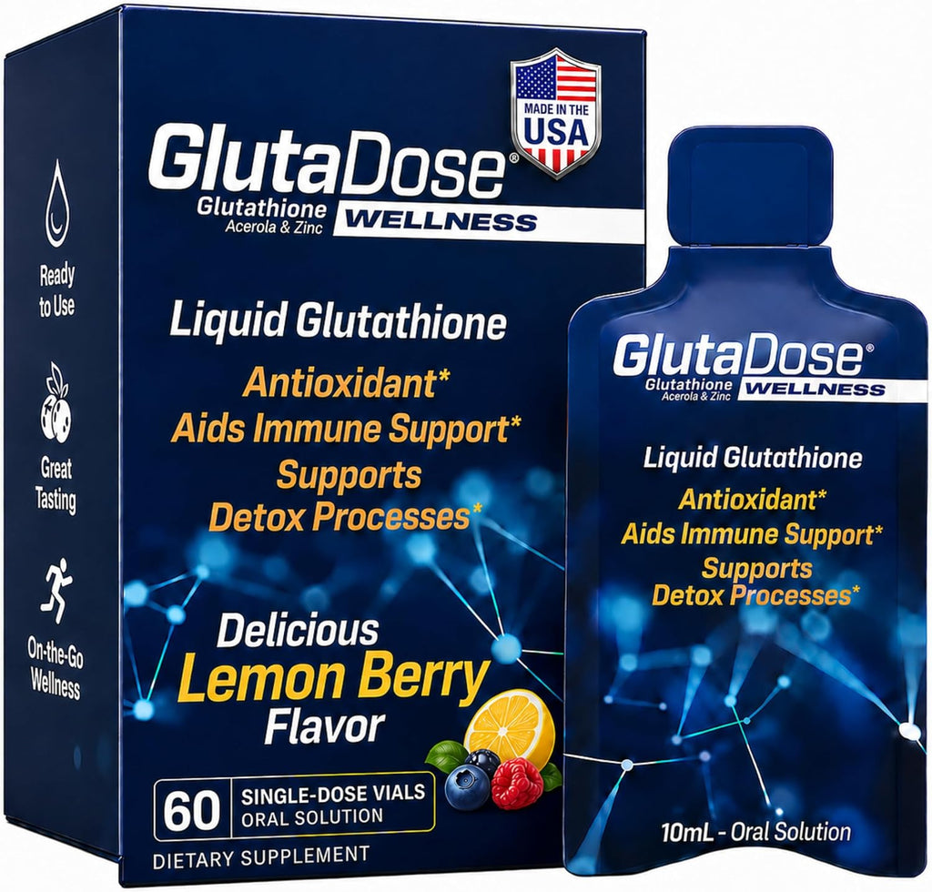 GlutaDose Suplemento Líquido de Glutatión con Acerola y Zinc, Sabor Limón-Arándano, 30 Viales
