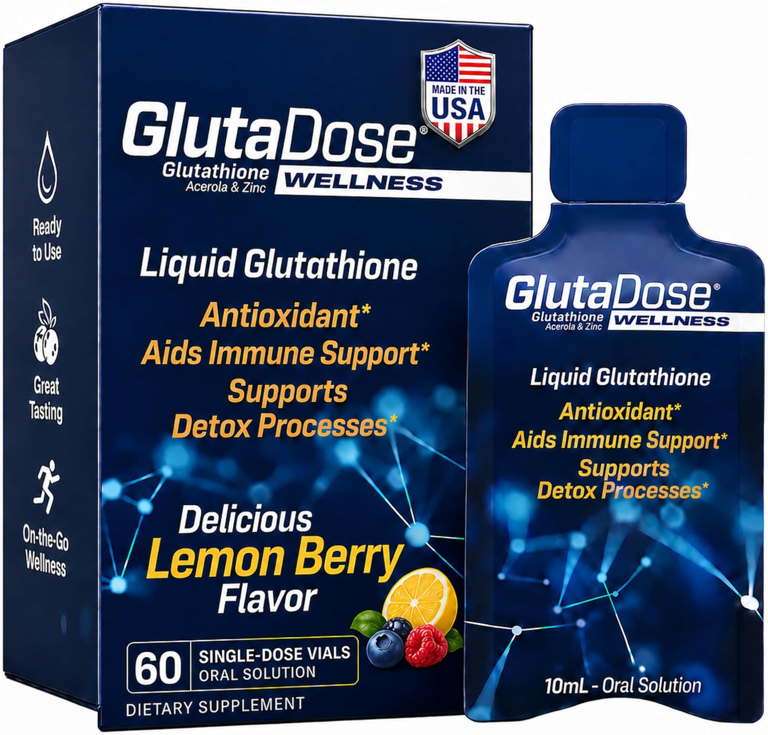 GlutaDose Suplemento Líquido de Glutatión con Acerola y Zinc, Sabor Limón-Arándano, 30 Viales