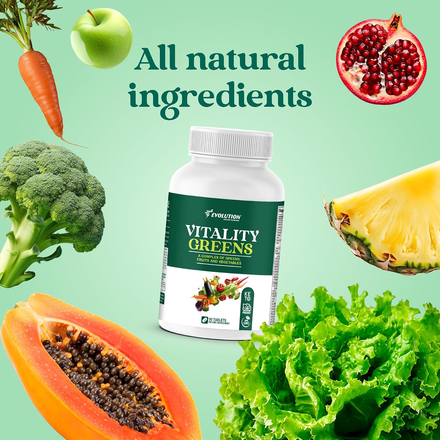 Evolution Advance Nutrition Vitality Green, 90 Comprimidos – Suplemento de Frutas y Verduras, Rico en Vitaminas y Minerales – Vegano