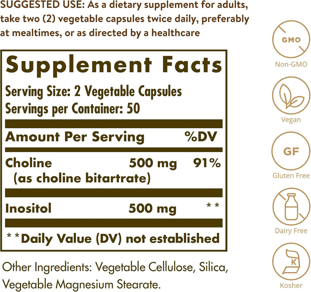 Solgar Colina e Inositol 500 mg/500 mg, 100 Cápsulas Vegetales – Image 2