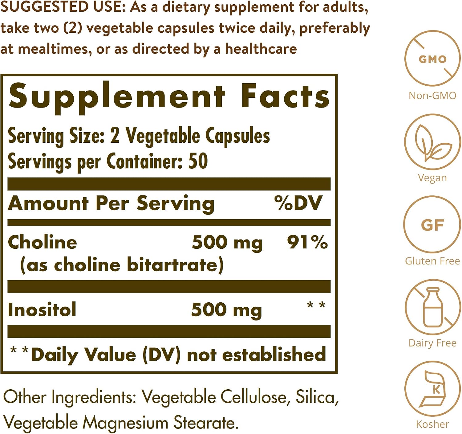 Solgar Choline and Inositol 500 mg/500 mg, 100 Vegetable Capsules
