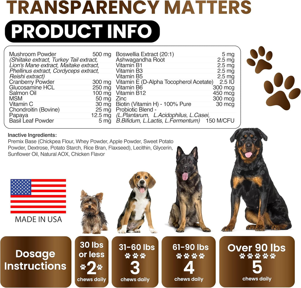 Suplemento de Hongo Cola de Pavo para Perros – 170 Chewables – Multivitamínico con Hongos, Glucosamina y Probióticos
