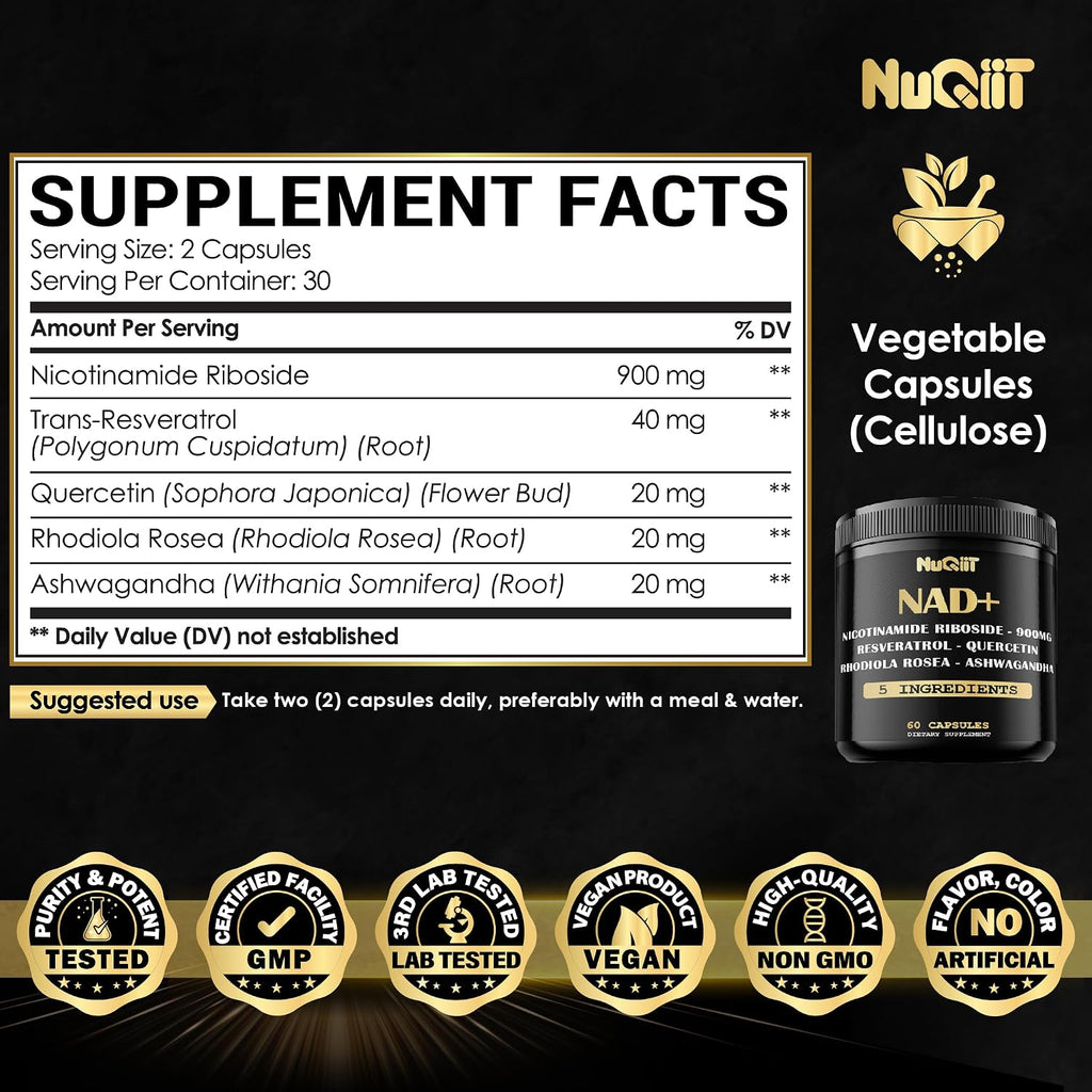 NUQIIT Suplemento NAD+ con Nicotinamida Ribósido, Resveratrol, Quercetina, Cúrcuma, Rhodiola Rosea - 60 Cápsulas