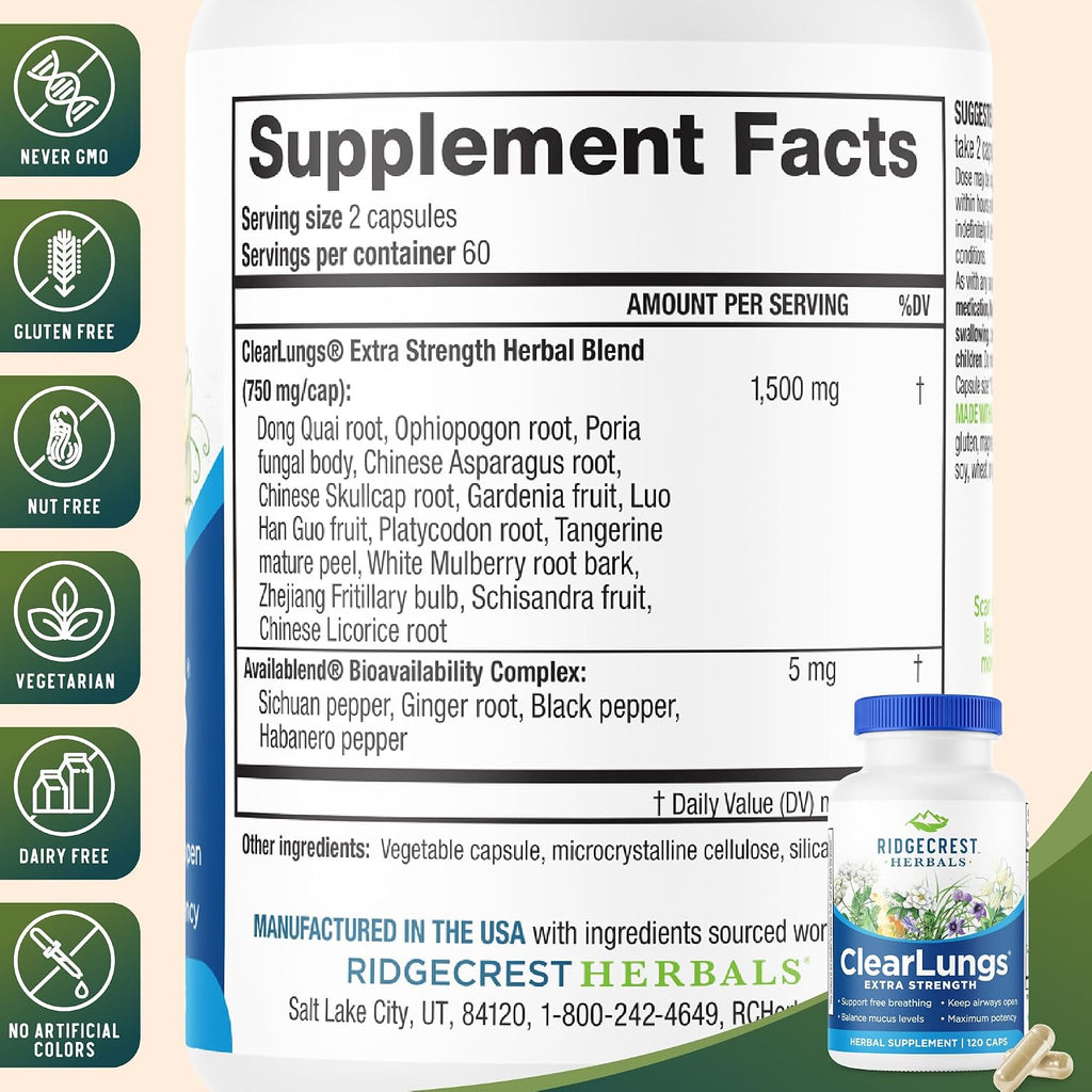 RidgeCrest Herbals ClearLungs Extra Strength - Complemento para el bienestar pulmonar y nasal - 120 cápsulas veganas (60 dosis)