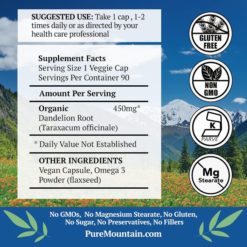 Pure Mountain Botanicals Cápsulas de Raíz de Diente de León - 450mg Orgánico - 90 Cápsulas Veganas Kosher Sin OGM