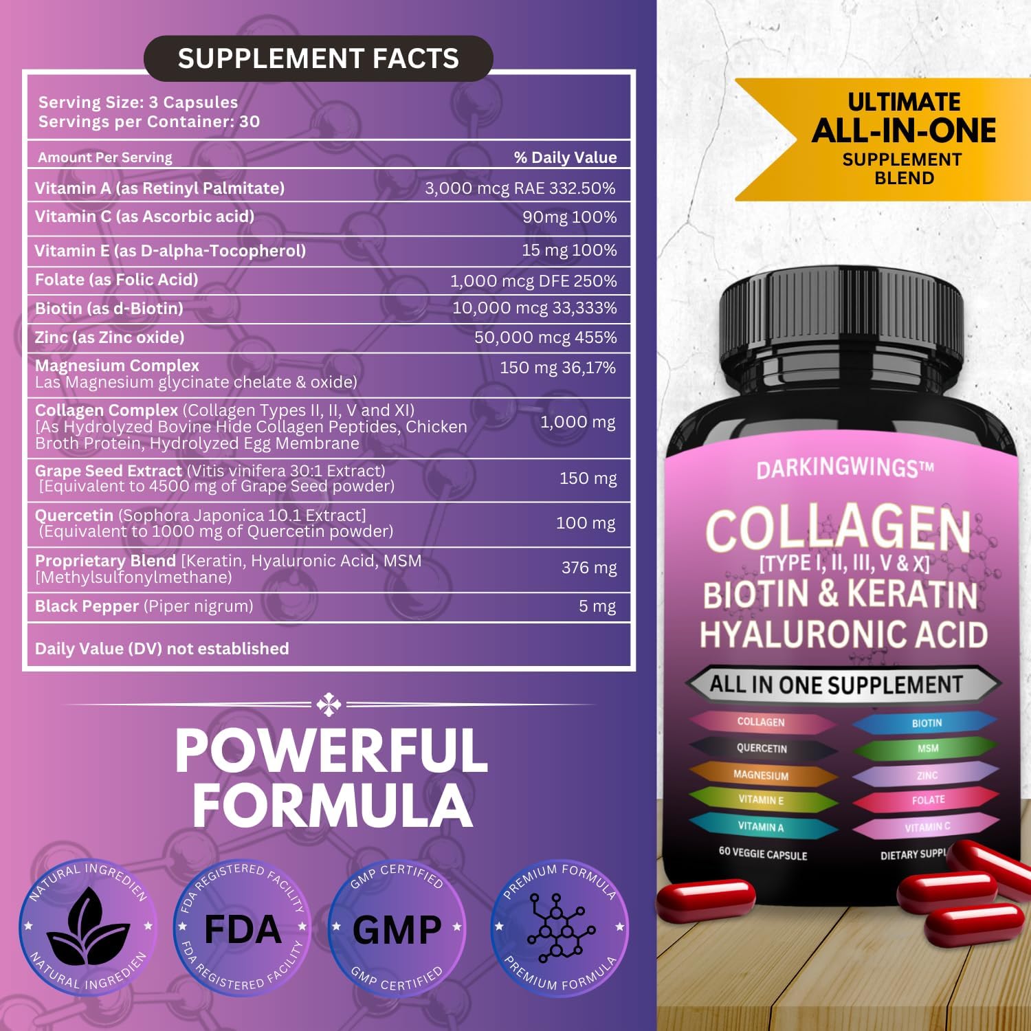 Darkingwings Multi Collagen Pills - Complejo de Colágeno con Biotina, Keratina y Ácido Hialurónico
