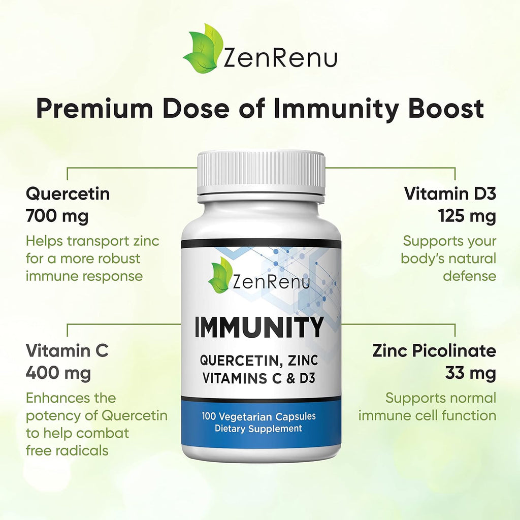 Immunity Quercetin 700 mg con Zinc, Vitamina C, Vitamina D y Cúrcuma - 100 Cápsulas Vegetales
