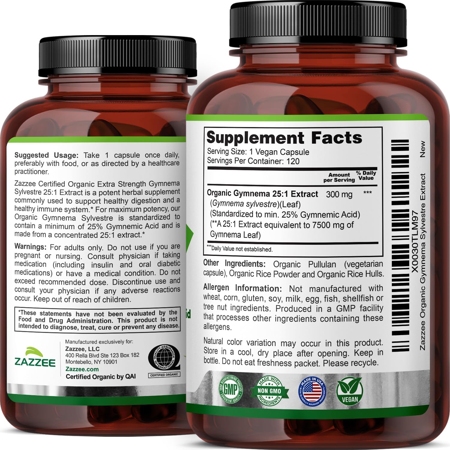 Zazzee USDA Organic Extracto de Gymnema Sylvestre 25:1, 25% Ácido Gimnémico, 120 Cápsulas Veganas