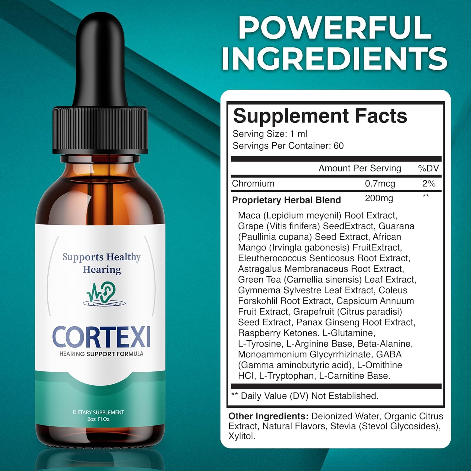 Cortexi Gotas para el Apoyo Auditivo con Cromo, Semilla de Uva, Astrágalo y Maca (60 ml)