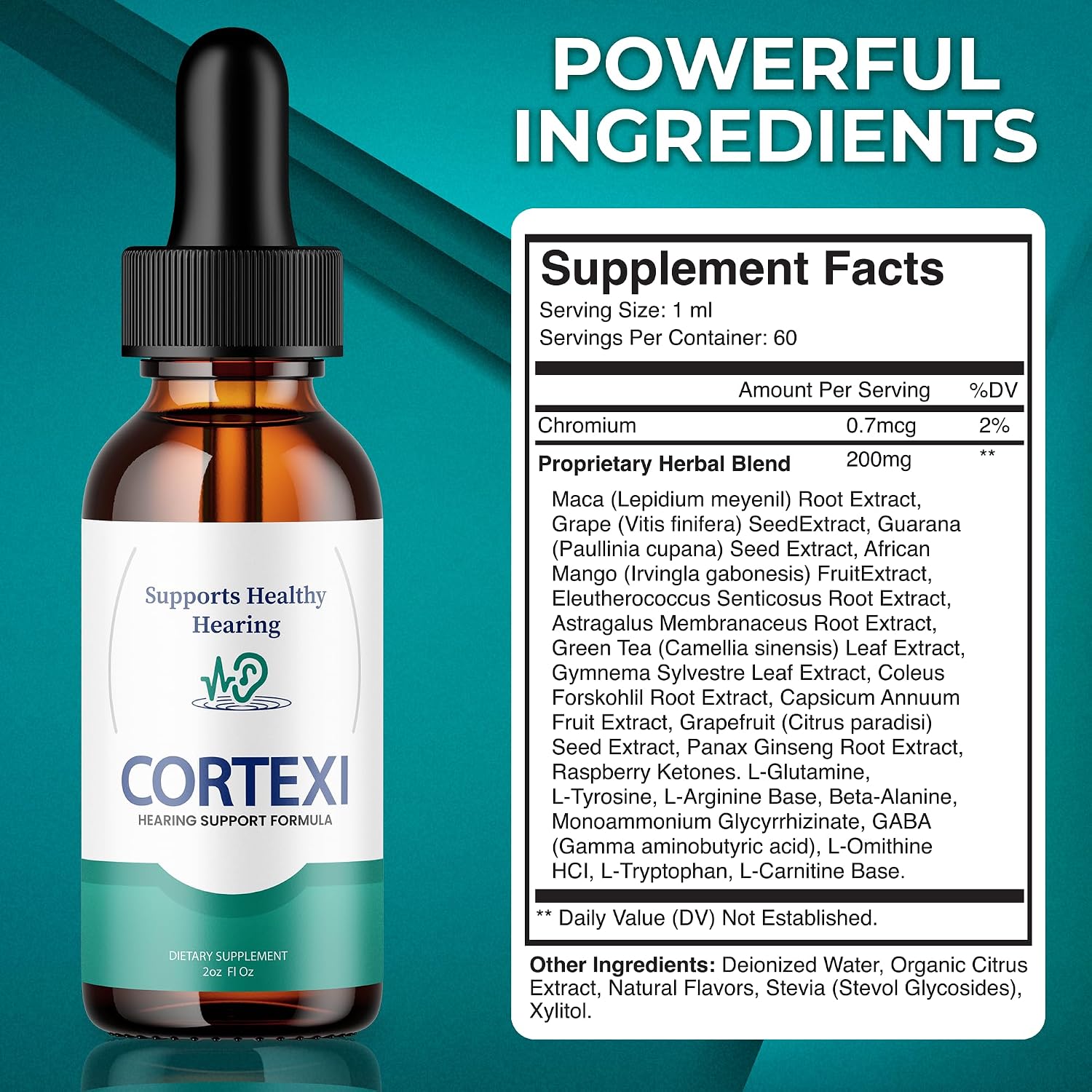 Cortexi Hearing Support Drops - Complemento Auditivo con Cromo, Semilla de Uva, Astrágalo y Maca (118 ml)