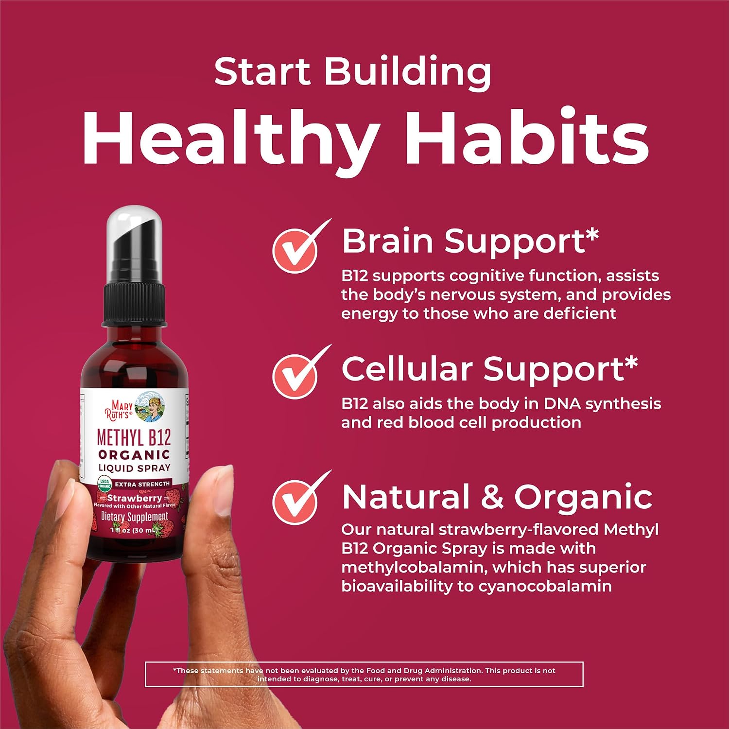 MARYRUTH'S Vitamin B12 Liquid Spray | 720 mcg | Metilcobalamina | USDA Orgánico | Vegano | Sin Gluten | 1 Fl Oz