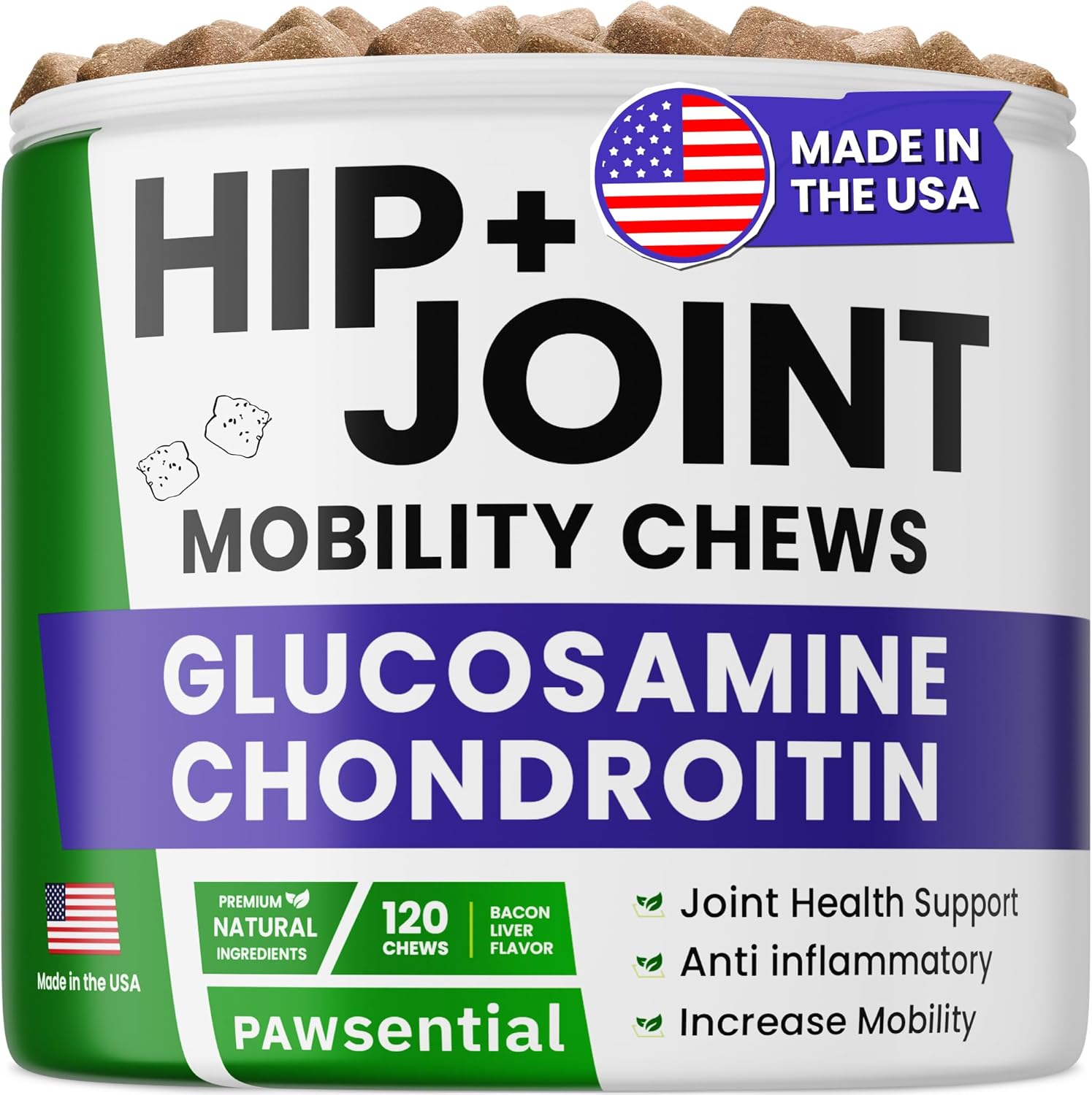 Pawsential Dog Vitamins + Glucosamine - Chewable Multivitamins + Probiotics, Omega - Hip & Joint Support, Skin & Coat, Gut Health - Adult & Senior - Large & Small Breed - 120 Chews