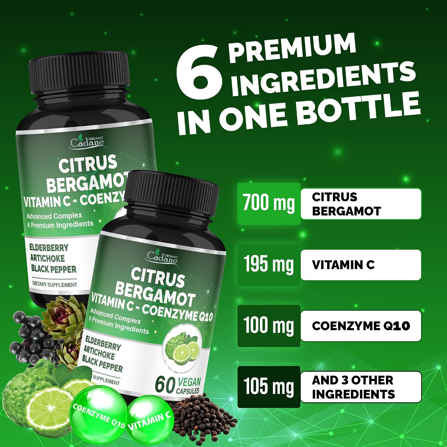 Cadane Suplemento de Bergamota Cítrica con Vitamina C, CoQ10, Saúco, Alcachofa y Pimienta Negra - 60 Cápsulas - 30 Días