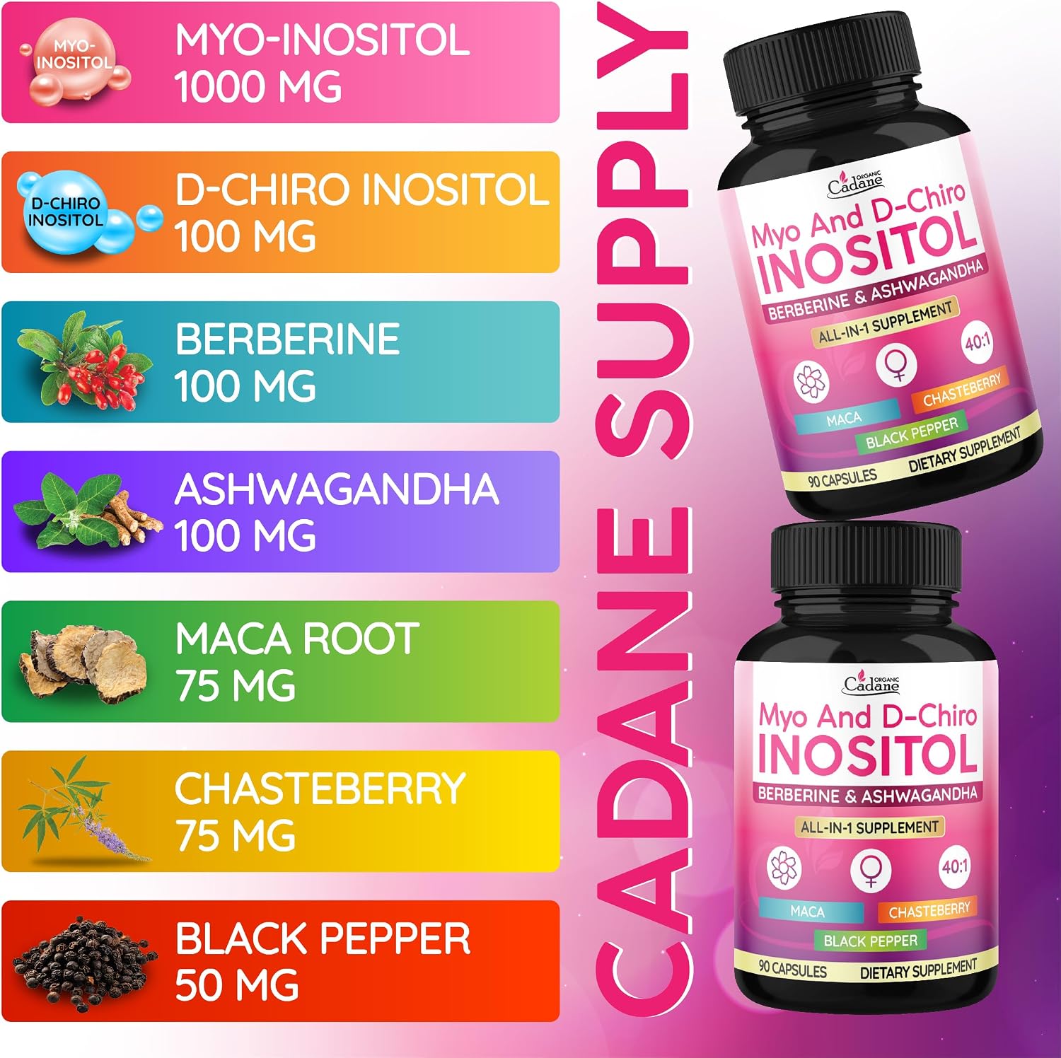 Organic Cadane Myo & D-Chiro Inositol Supplement con Ashwagandha, Maca, Chasteberry, Berberine y Black Pepper | 90 Cápsulas Veganas