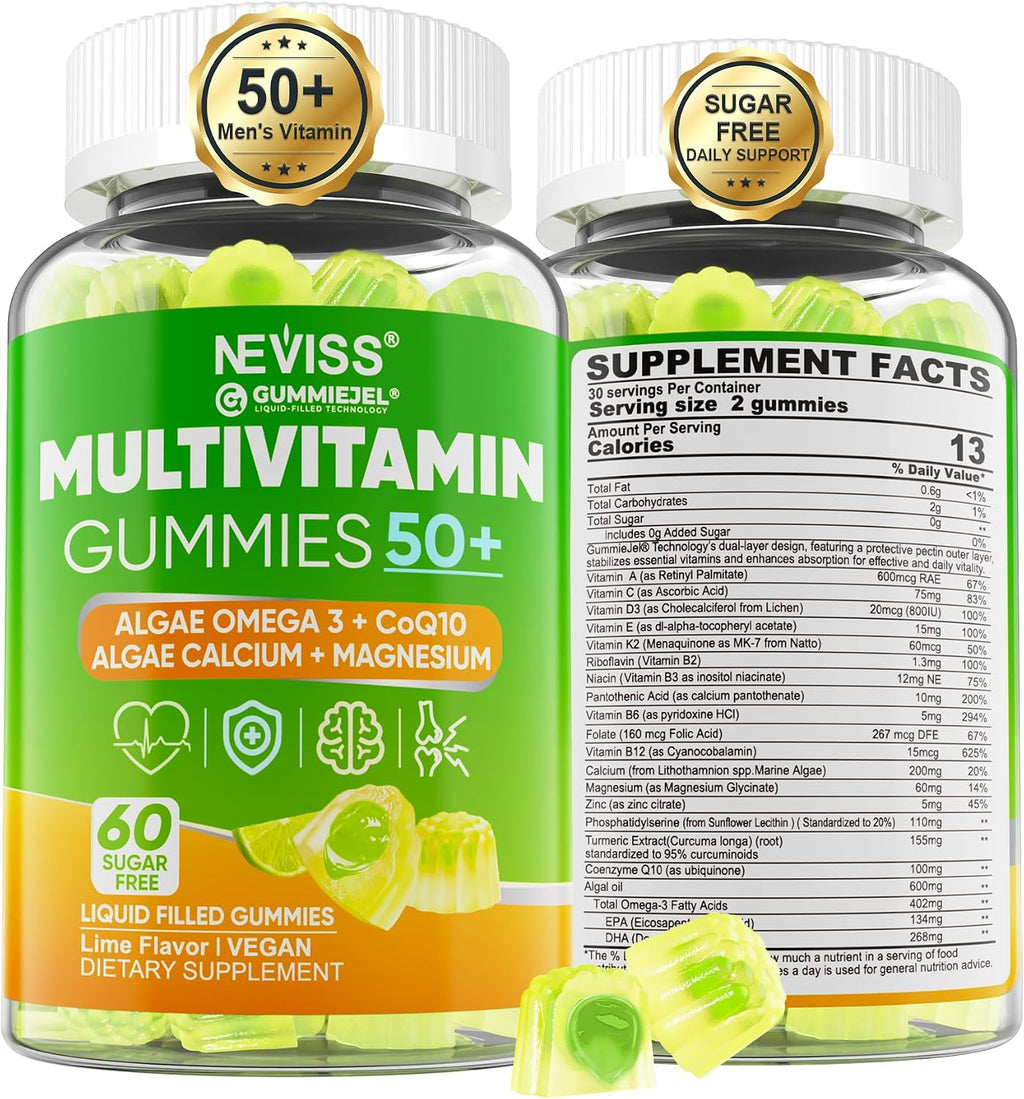 Multivitamínico para Hombres 50+ Sin Azúcar con Omega-3, CoQ10, D3K2, Calcio, Magnesio, Zinc y Vitaminas A, C y E - 60 Gomitas