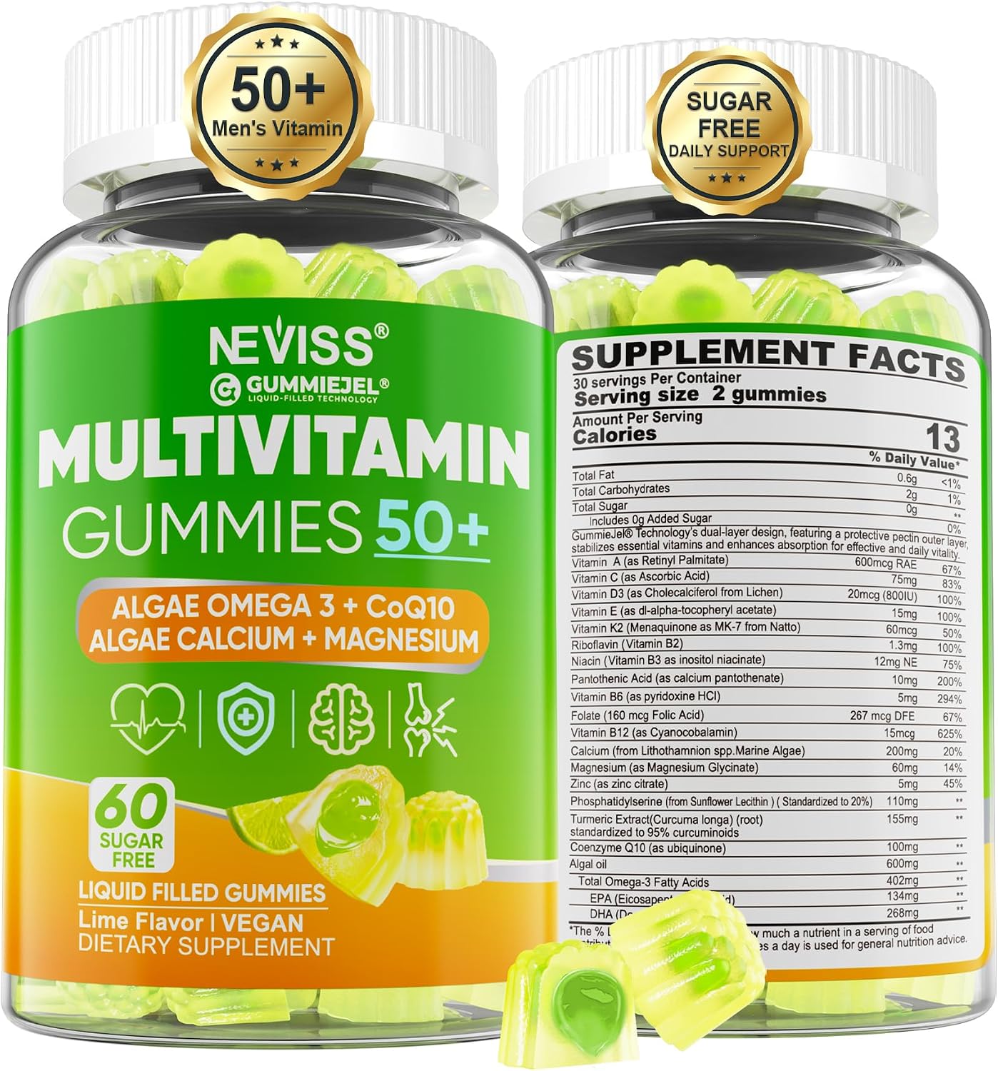 Multivitamínico para Hombres 50+ Sin Azúcar con Omega-3, CoQ10, D3K2, Calcio, Magnesio, Zinc y Vitaminas A, C y E - 60 Gomitas