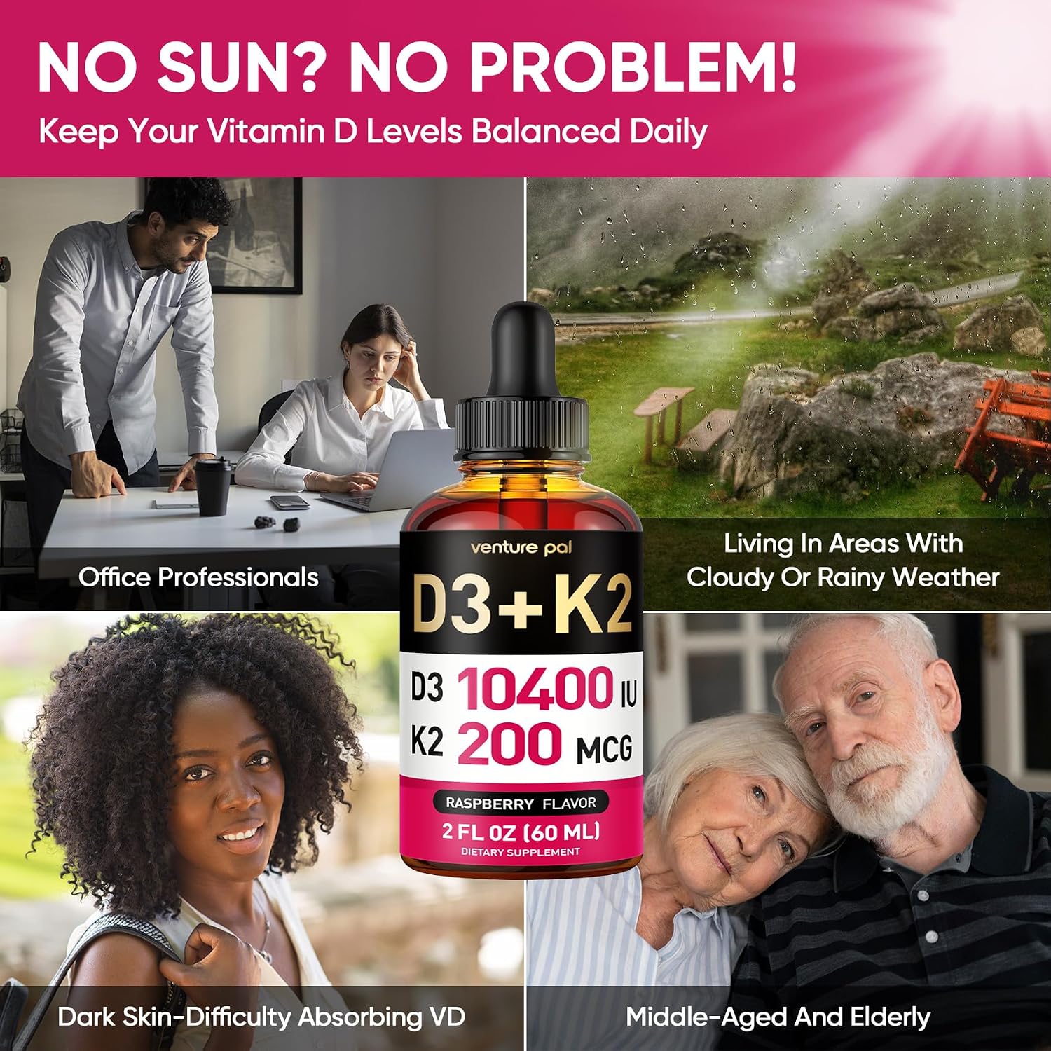 5-in-1 Vitamin D3 K2 Drops - 10000 UI D3 y 200 mcg K2 (MK-7) con Magnesio, Zinc y MCT Oil