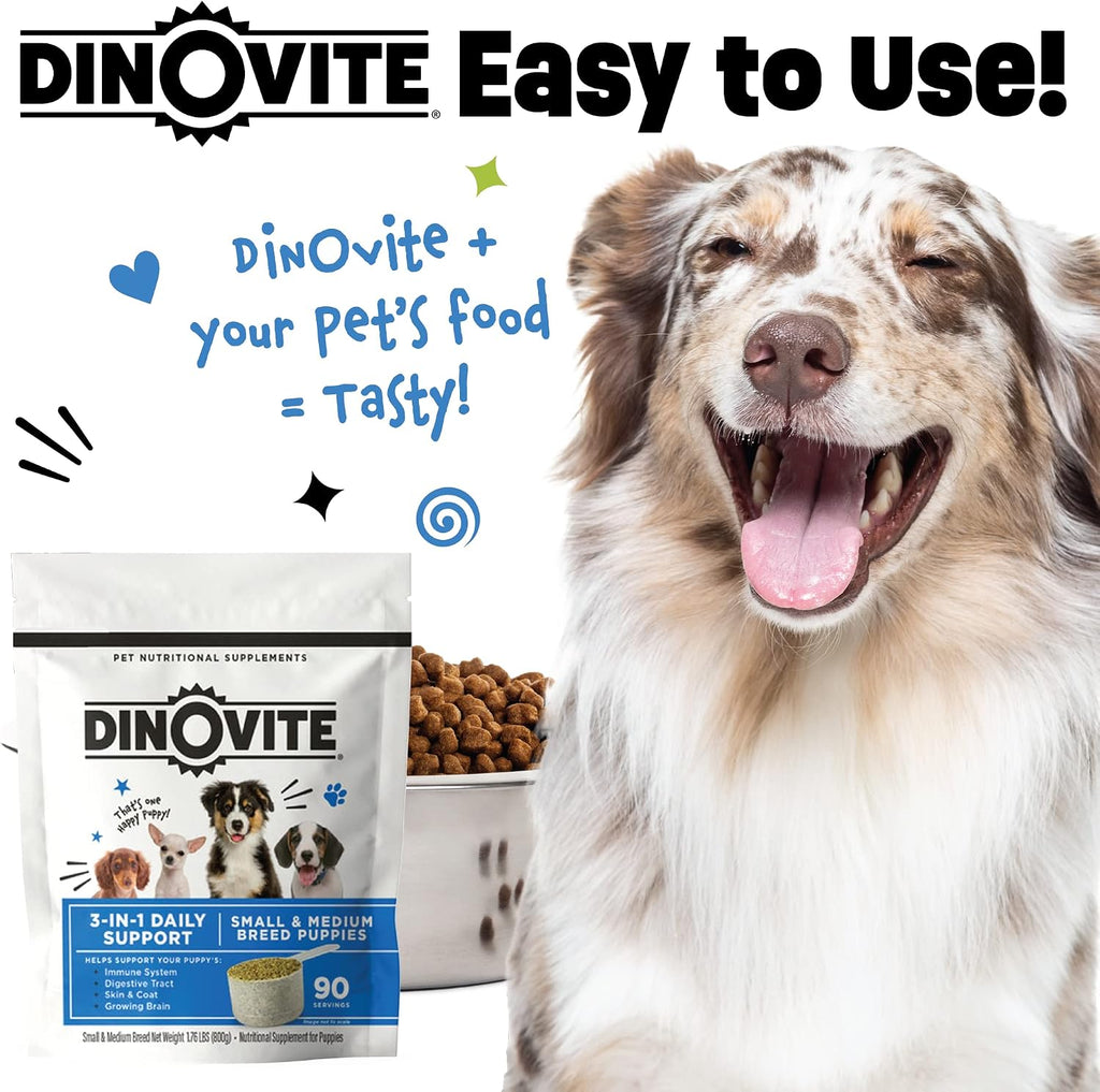 Dinovite Probiótico para Cachorros - Complemento Alimenticio Digestivo y para la Piel con Omega-3, 90 porciones