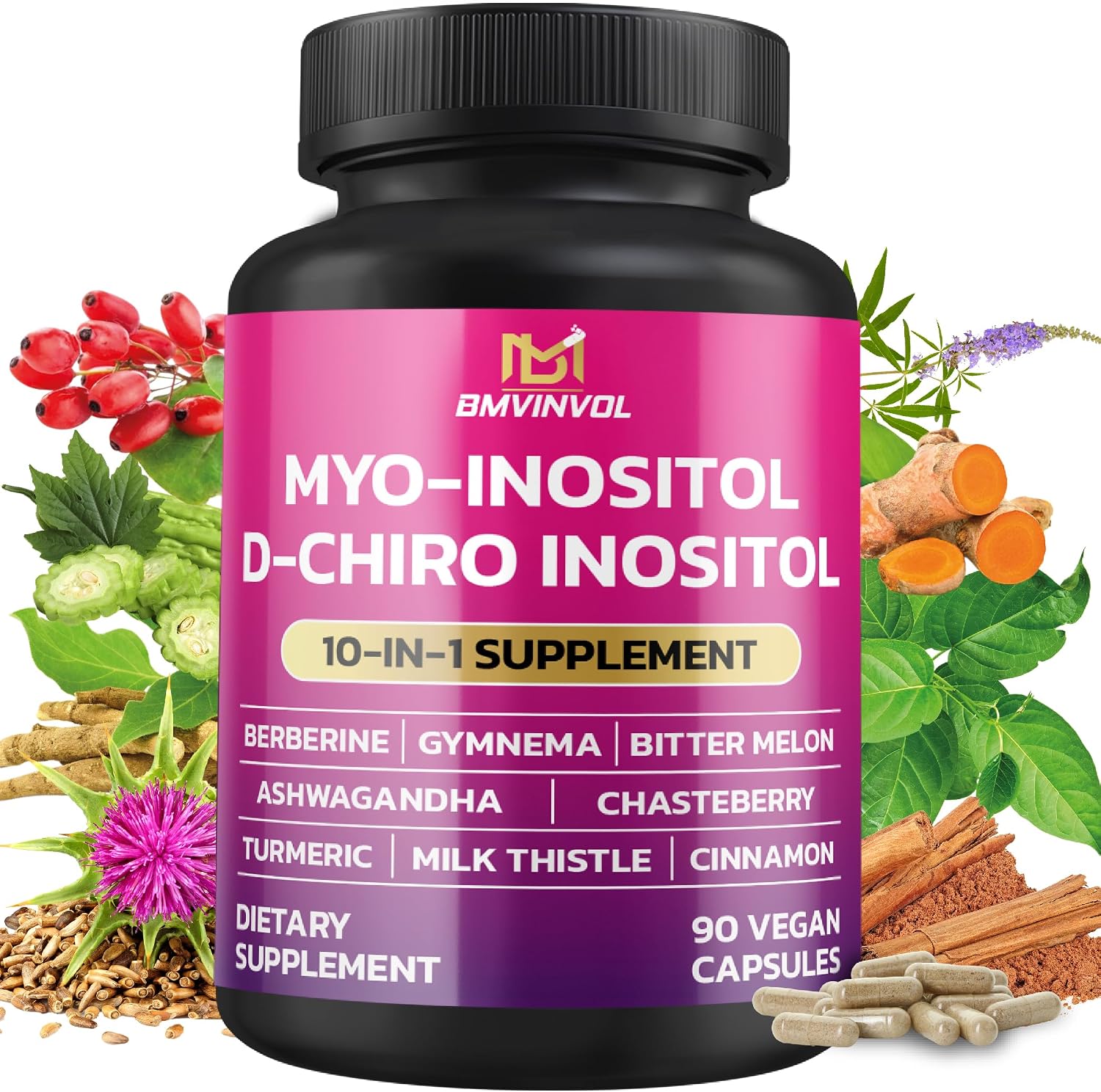 BMVINVOL Inositol 40:1 - Myo-Inositol y D-Chiro Inositol con Berberina, Ashwagandha +5 - 90 Cápsulas
