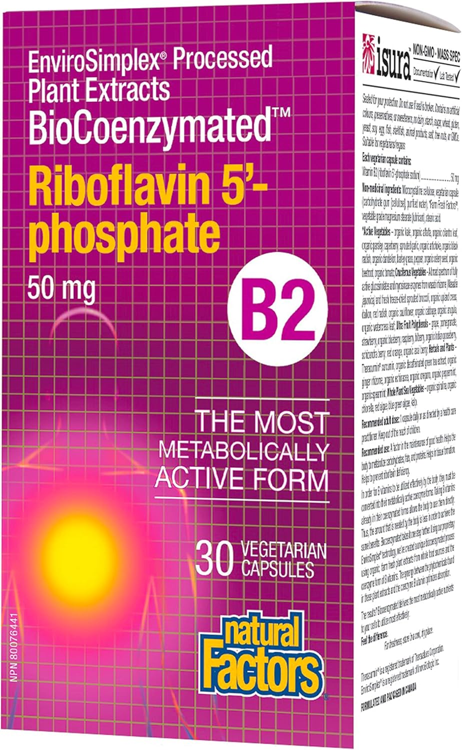 BioCoenzymated Riboflavina 5'-Fosfato 50mg, 30 Cápsulas Vegetales - Natural Factors