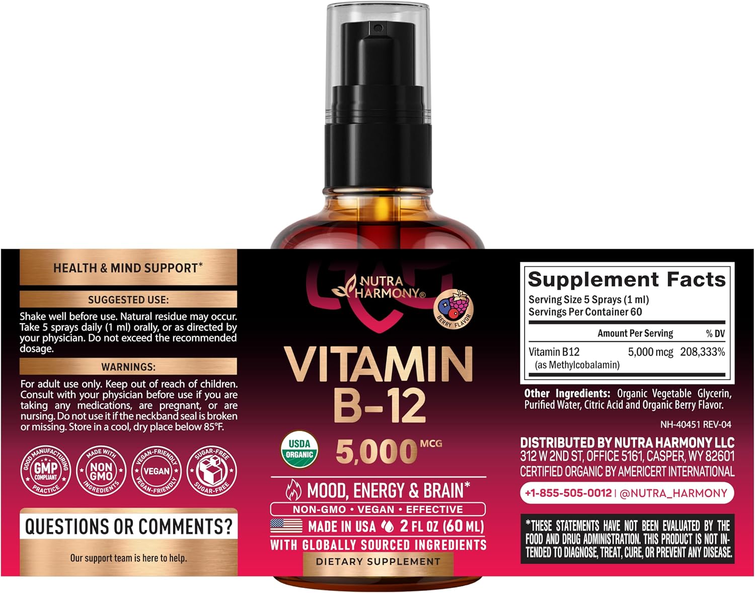 Spray Sublingual de Vitamina B12 Orgánico USDA - 5000 mcg - Metilcobalamina - 60 ml (2 Meses)