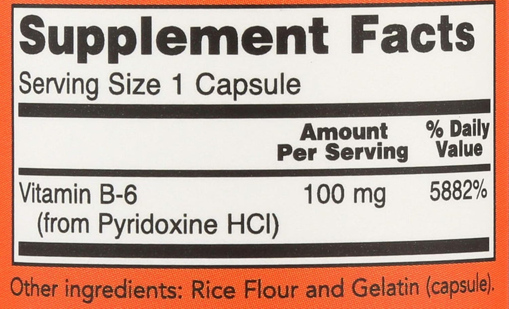 NOW Foods Vitamina B6 100mg Cápsulas, 100 unidades