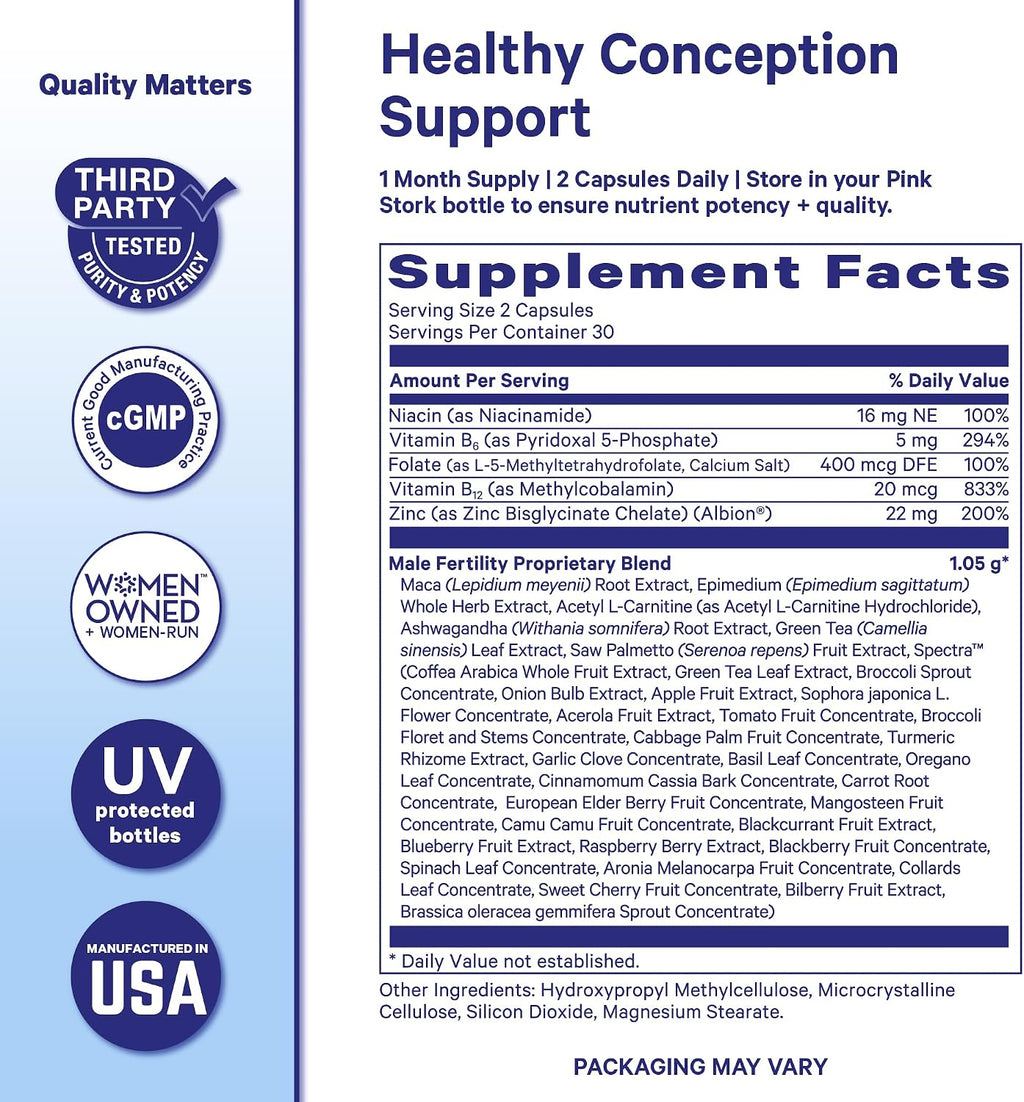 Pink Stork BlueStork Apoyo a la Fertilidad Masculina - Vitaminas prenatales para hombres con Maca, Ashwagandha, Folato, B12 - 60 Cápsulas