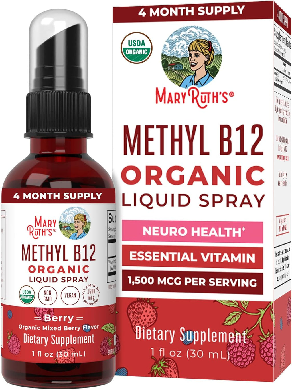 MaryRuth's Spray Orgánico de Vitamina B12 Metilcobalamina - 1500 mcg - 30 ml