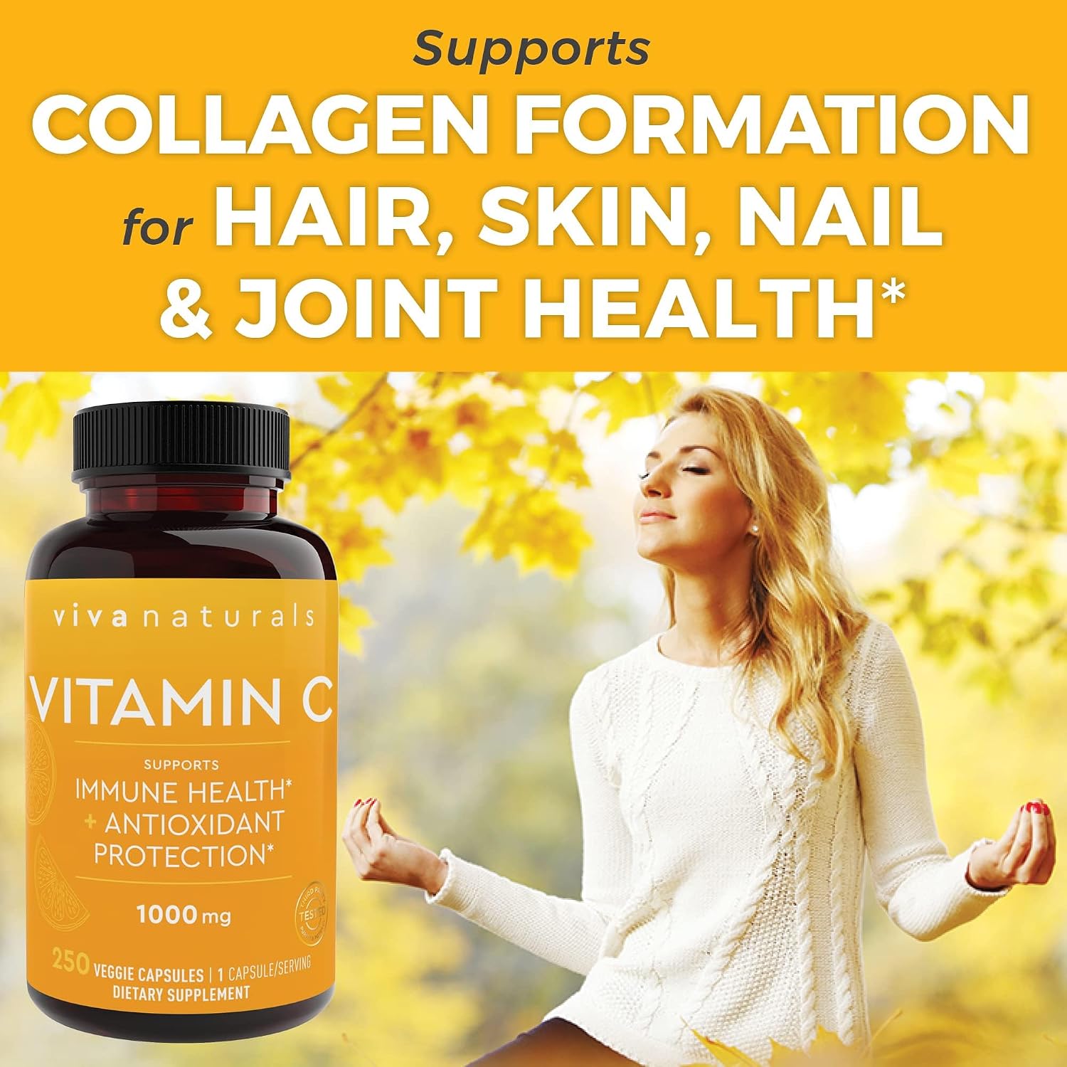 Viva Naturals Vitamin C 1000 mg with Citrus Bioflavonoids & Rose Hips – 250 Vegetarian Capsules