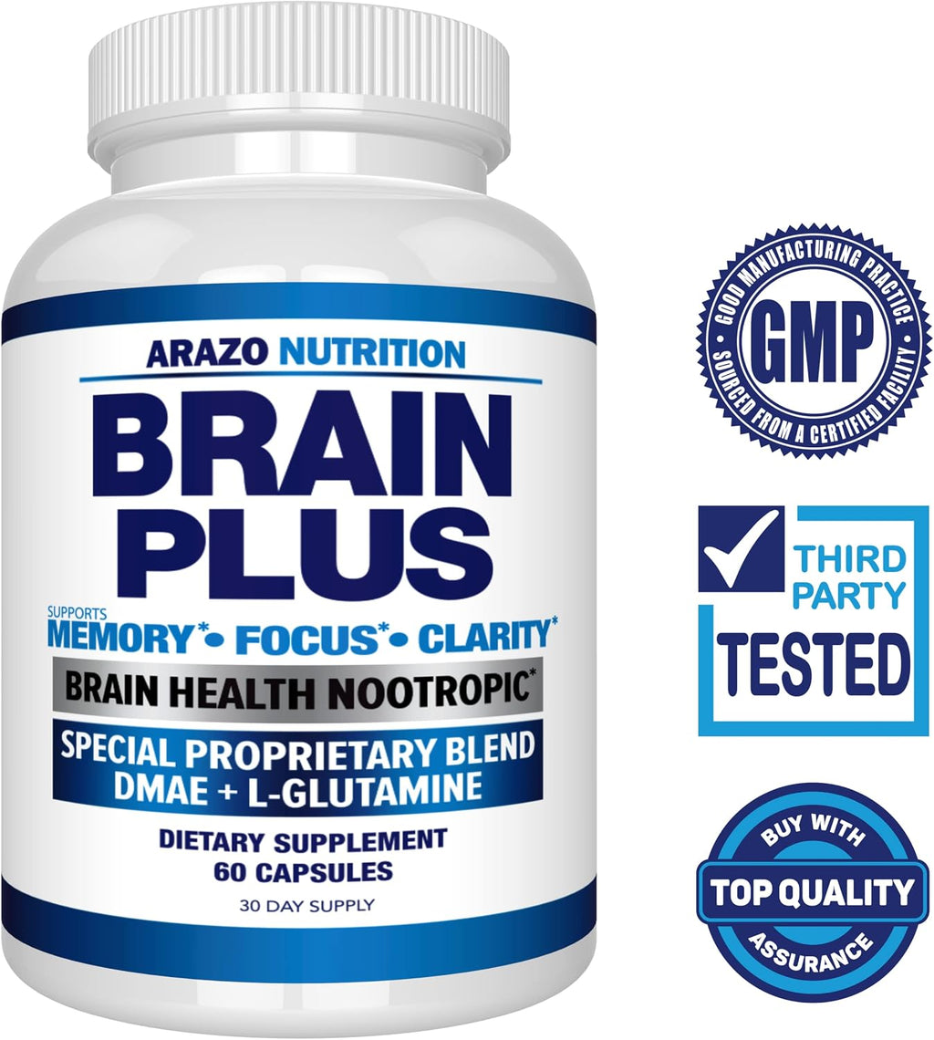 Arazo Nutrition Brain Plus – Suplemento para la función cerebral con DMAE, Bacopa Monnieri y L-Glutamina