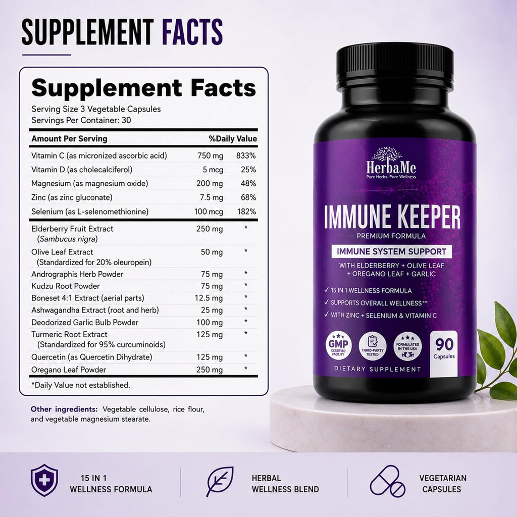 HerbaMe Immune Support – Fórmula de Bienestar Diario 15 en 1 con Saúco, Quercetina, Zinc, Vitamina C y Selenio