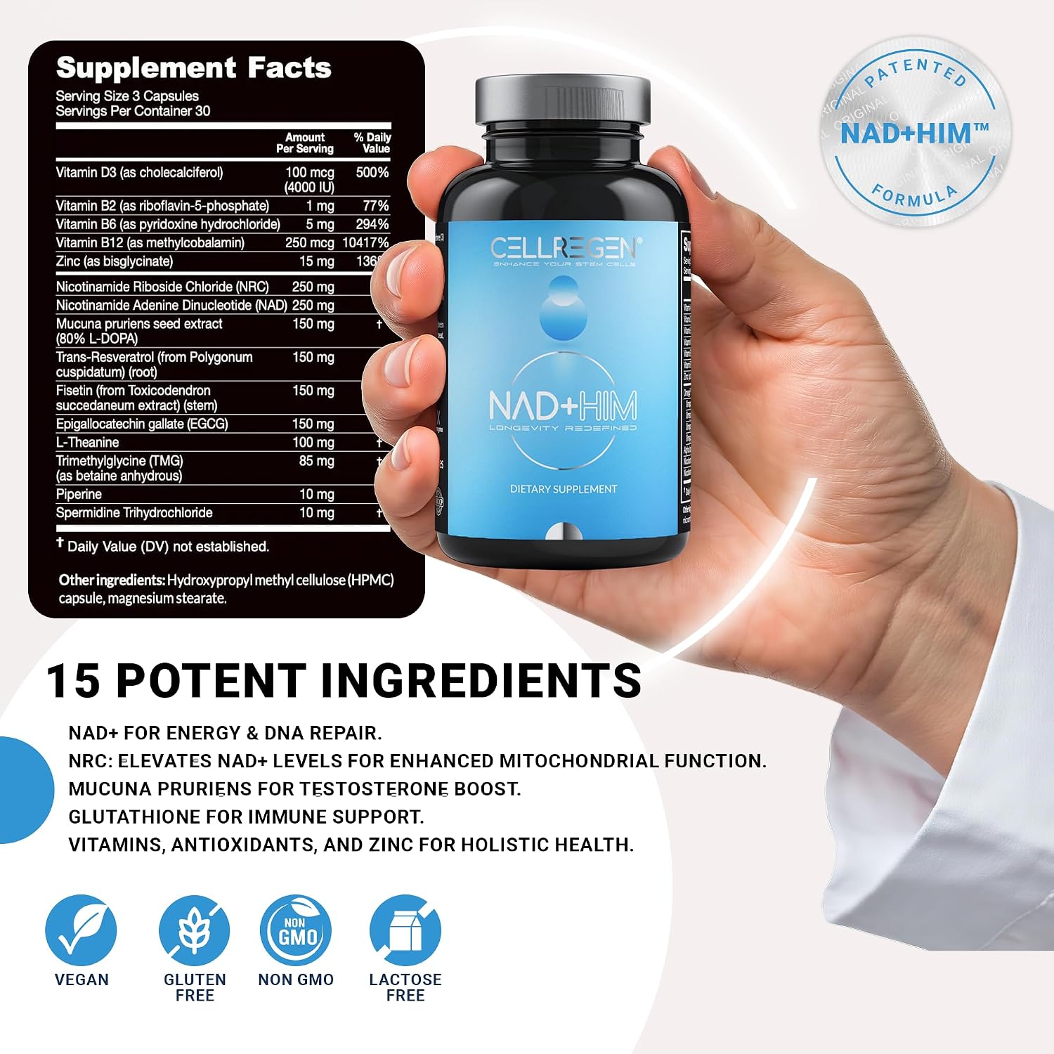 Cellregen NAD HIM – Suplemento de Nicotinamida Ribósido para la Restauración de NAD+ y la Salud Masculina, 90 Cápsulas