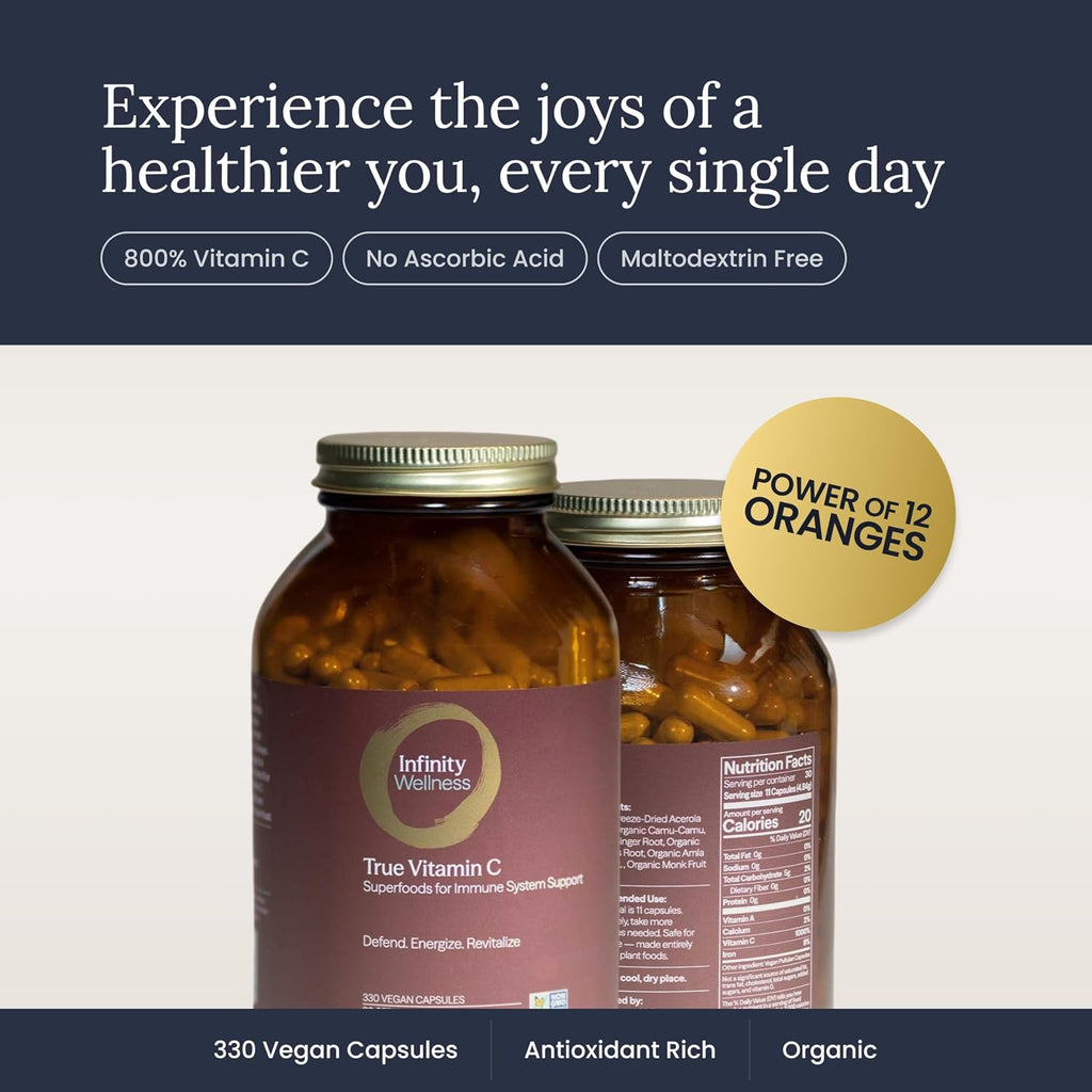 Infinity-C Cápsulas de Vitamina C Orgánica – 1000 mg de Acerola, Camu Camu y Amla con Jengibre, Astrágalo y Shilajit (30 dosis)